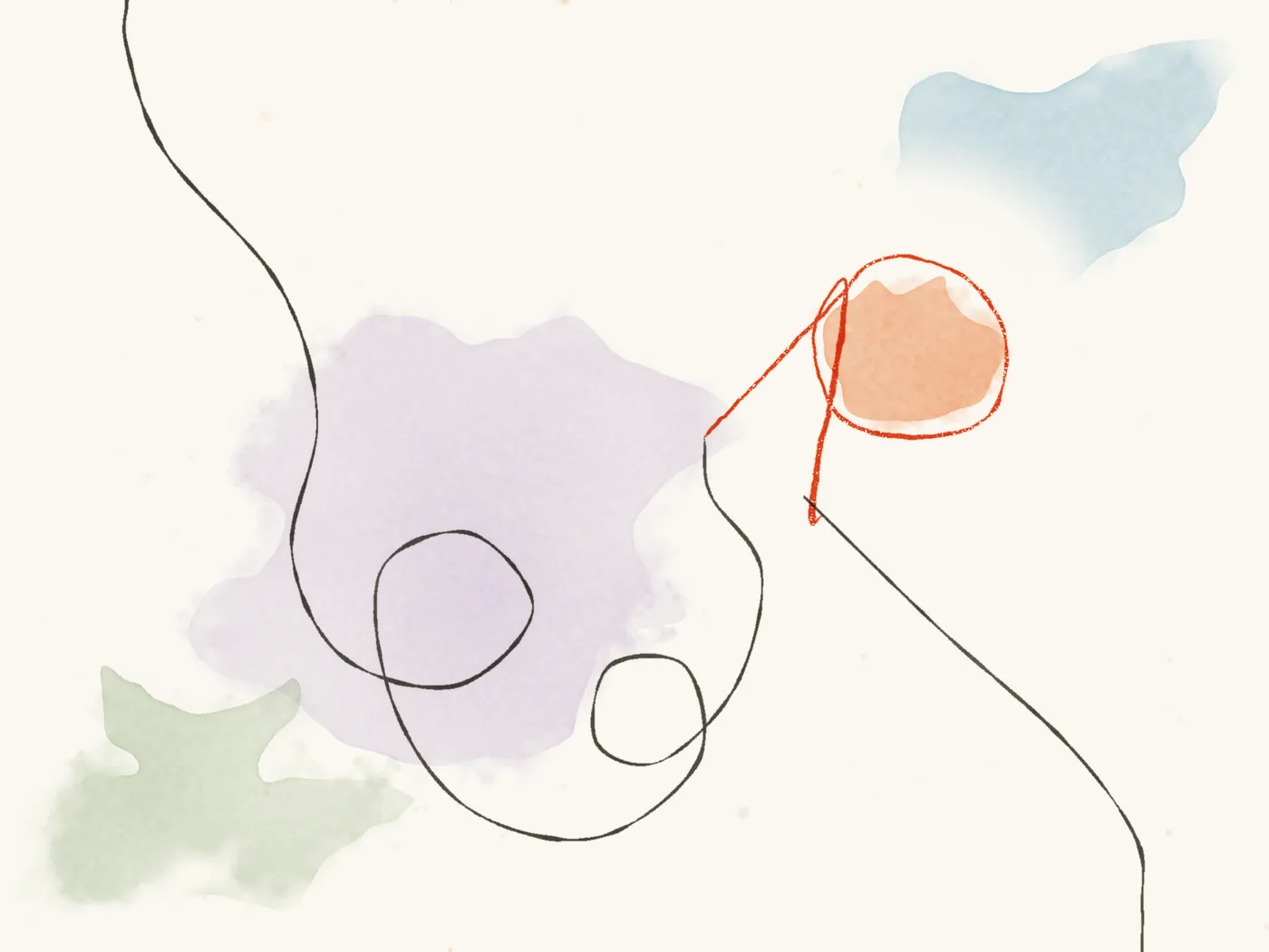 A loose knot of pen line, painted in soft watercolour